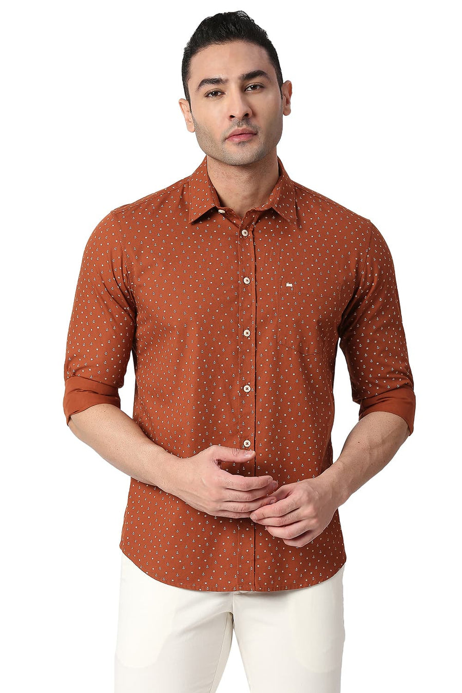 BASICS SLIM FIT BOMBAY BROWN COTTON POPLIN PRINTED SHIRT