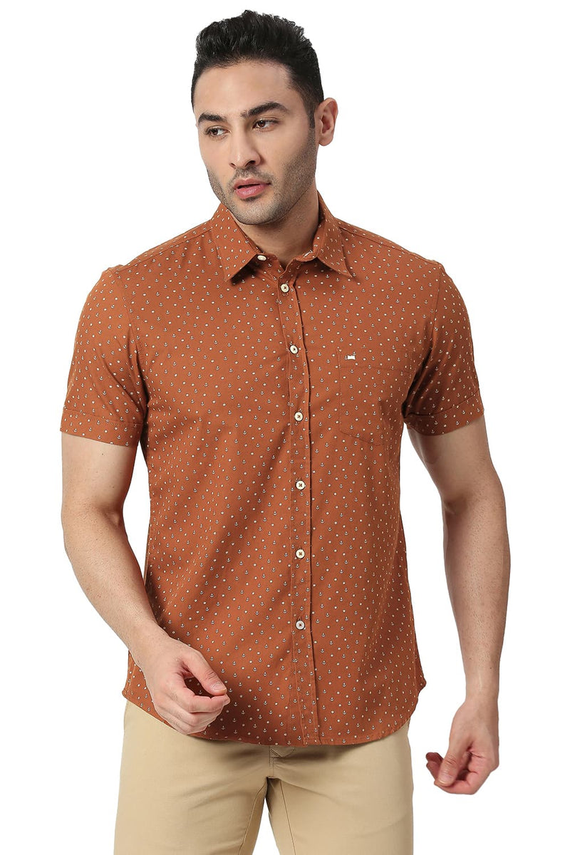 BASICS SLIM FIT COTTON POPLIN PRINTED HALFSLEEVES SHIRT