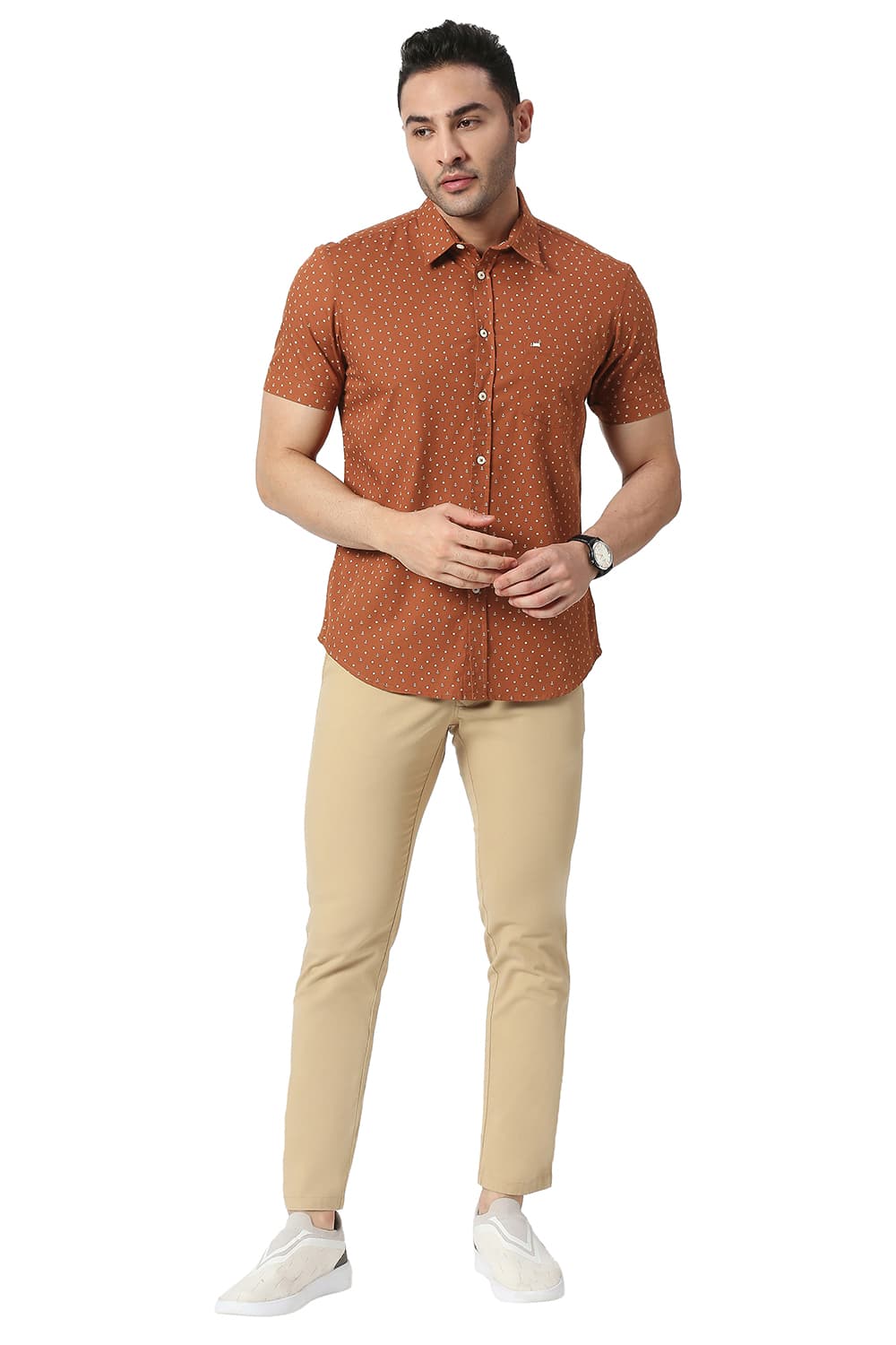 BASICS SLIM FIT COTTON POPLIN PRINTED HALFSLEEVES SHIRT