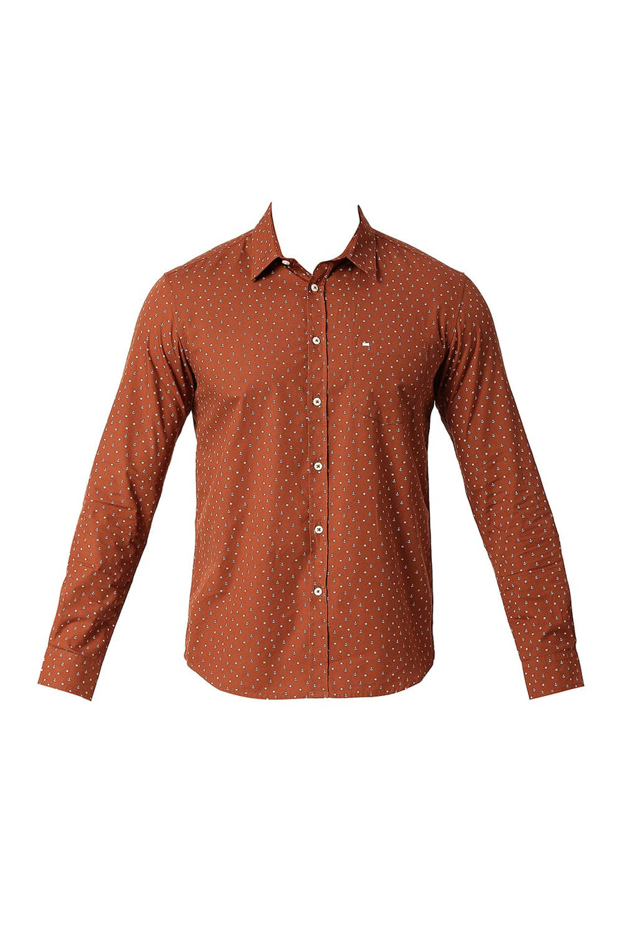 BASICS SLIM FIT BOMBAY BROWN COTTON POPLIN PRINTED SHIRT