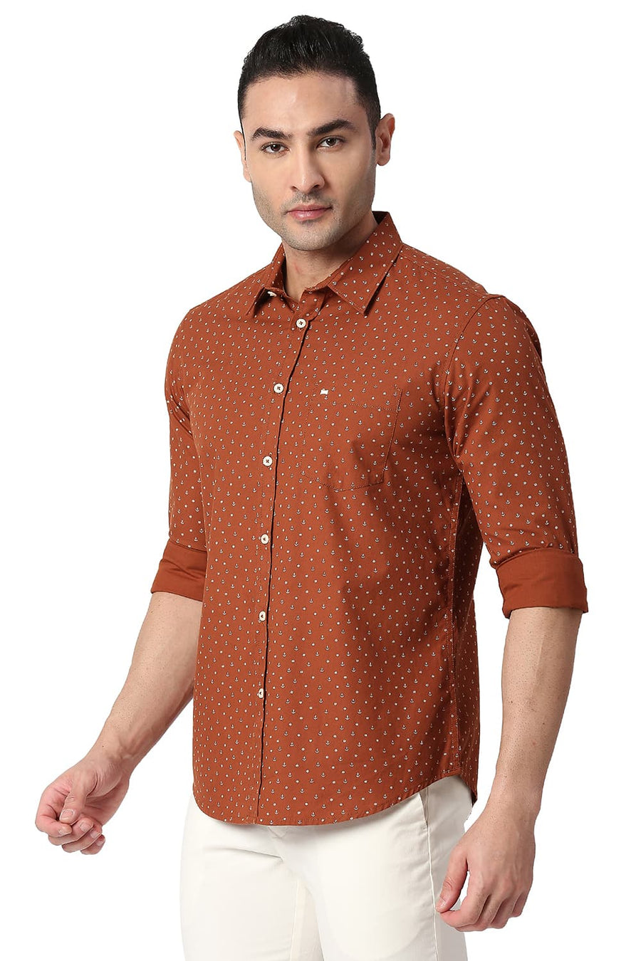BASICS SLIM FIT BOMBAY BROWN COTTON POPLIN PRINTED SHIRT