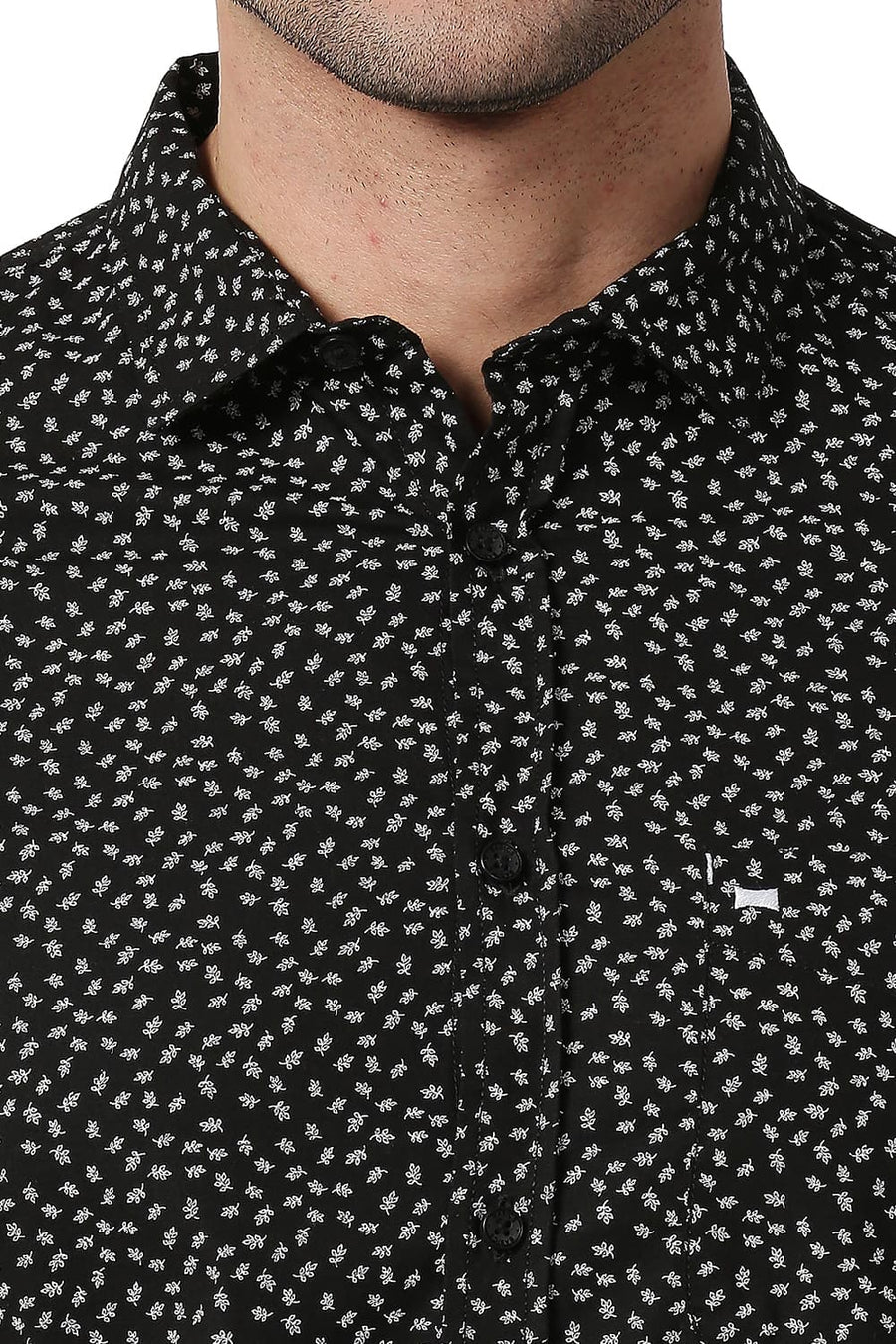 BASICS SLIM FIT PIRATE BLACK COTTON POPLIN PRINTED SHIRT