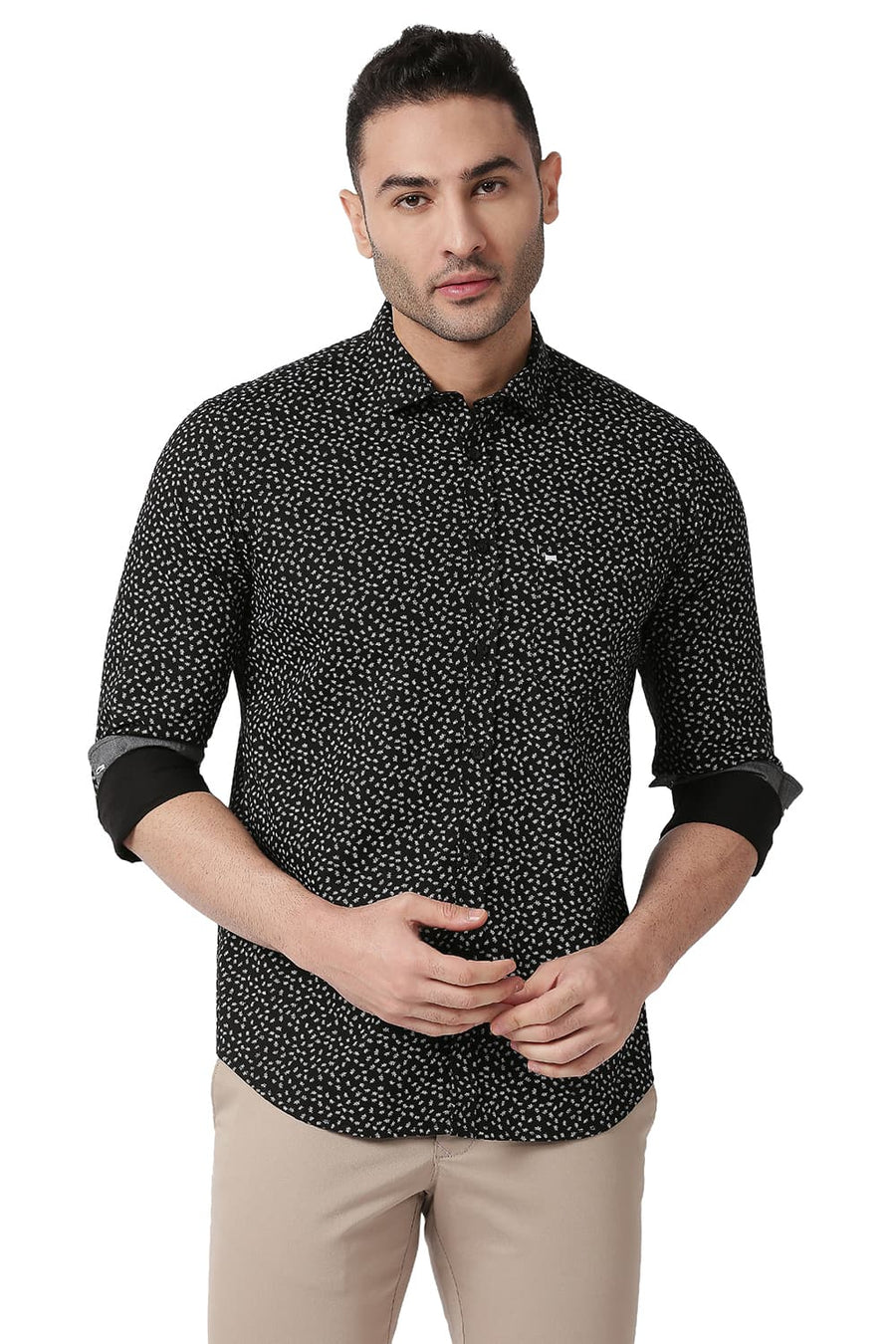 BASICS SLIM FIT PIRATE BLACK COTTON POPLIN PRINTED SHIRT