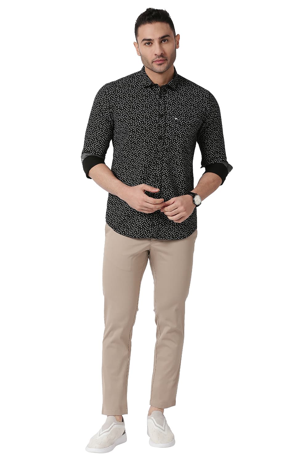 BASICS SLIM FIT COTTON POPLIN PRINTED SHIRT