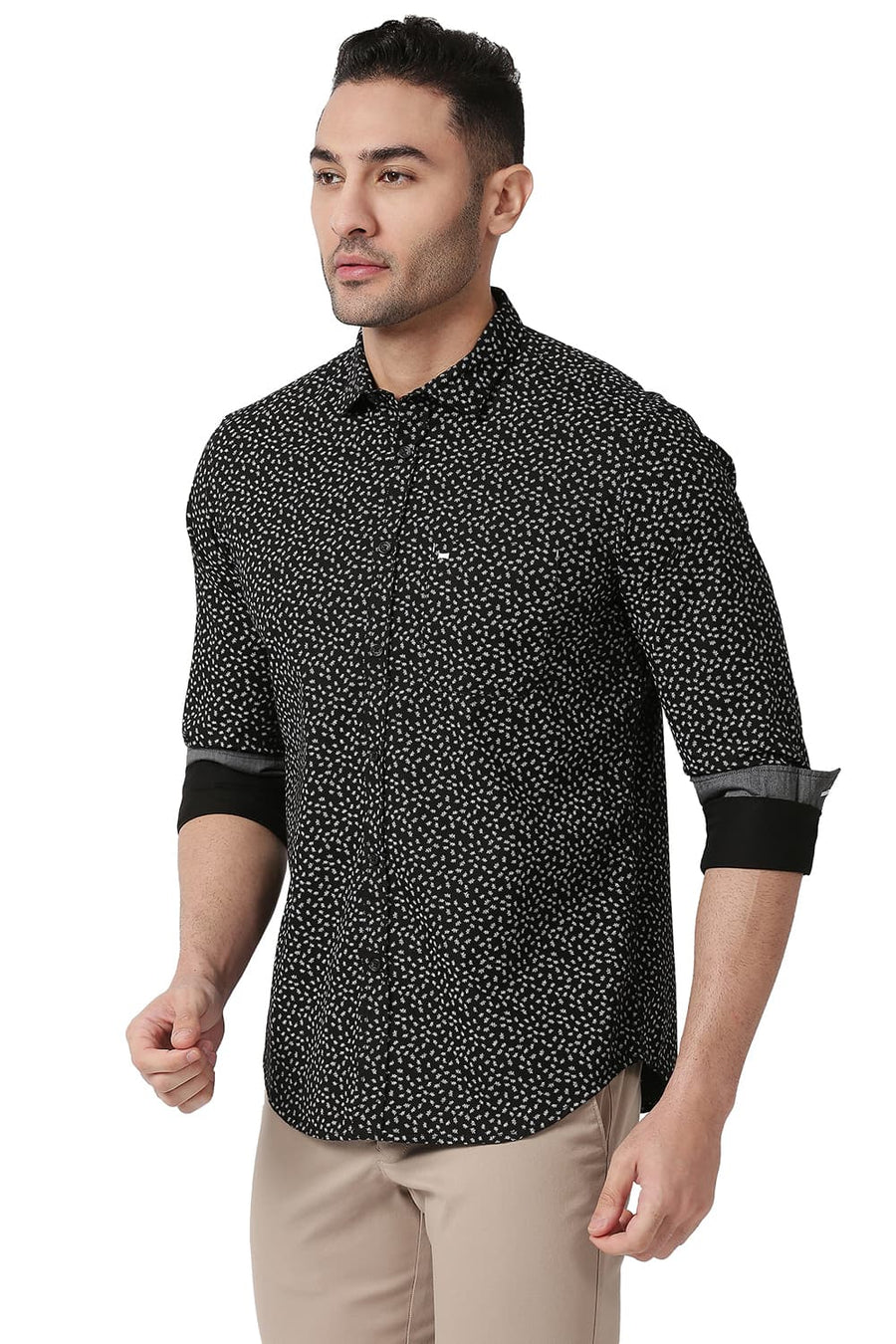 BASICS SLIM FIT PIRATE BLACK COTTON POPLIN PRINTED SHIRT