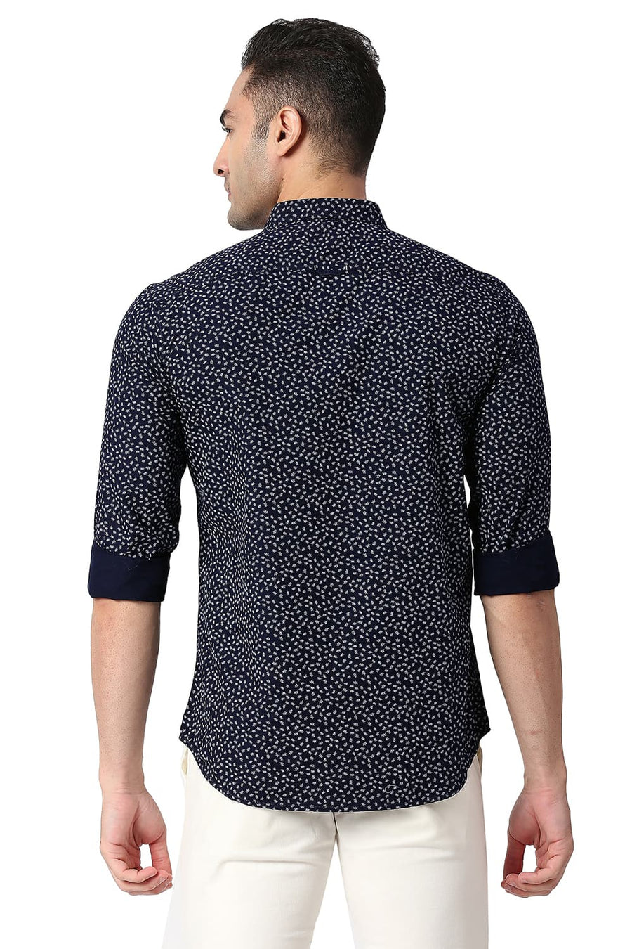 BASICS SLIM FIT DEEP NAVY COTTON POPLIN PRINTED SHIRT
