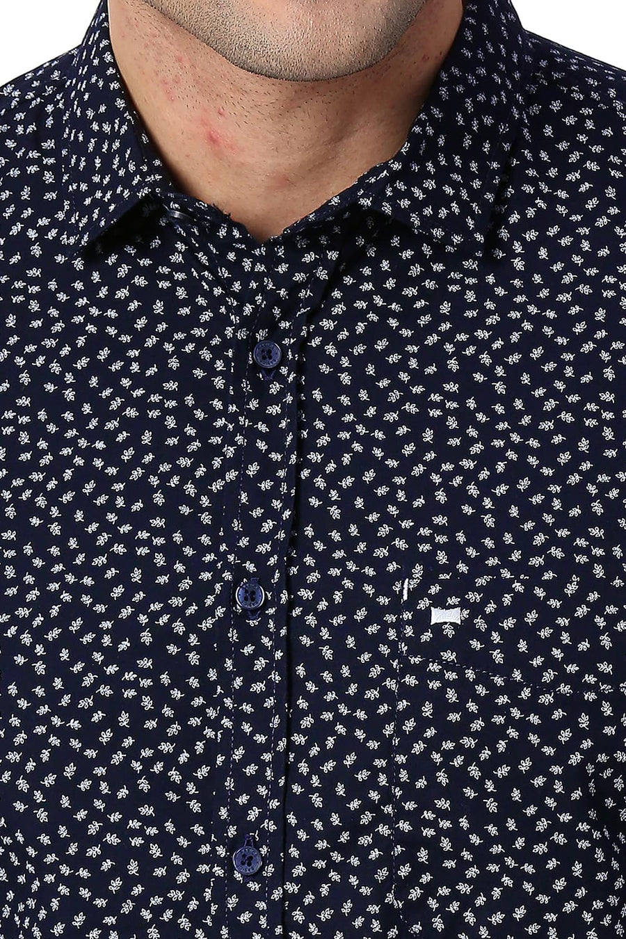 BASICS SLIM FIT DEEP NAVY COTTON POPLIN PRINTED SHIRT