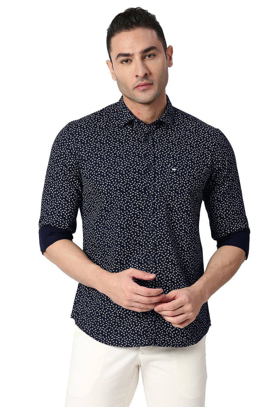 BASICS SLIM FIT DEEP NAVY COTTON POPLIN PRINTED SHIRT