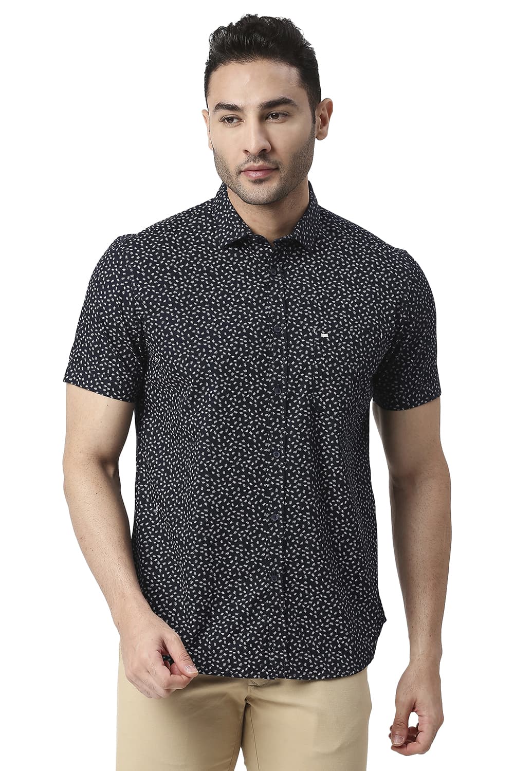 BASICS SLIM FIT COTTON POPLIN PRINTED SHIRT