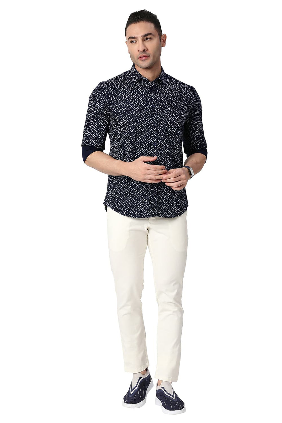 BASICS SLIM FIT DEEP NAVY COTTON POPLIN PRINTED SHIRT