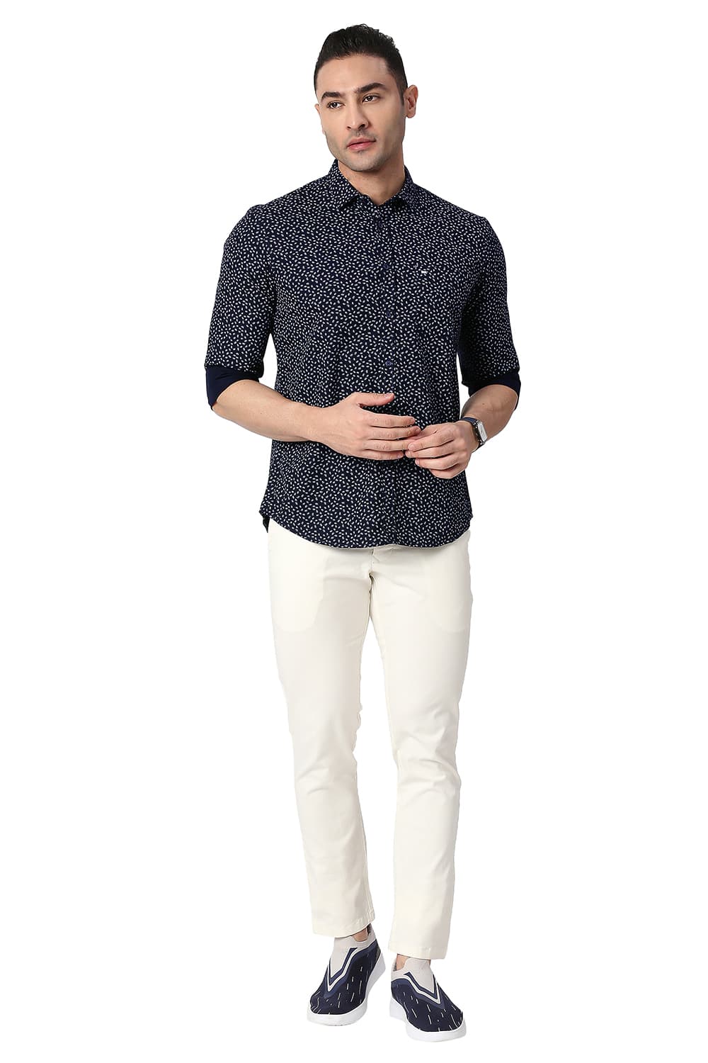 BASICS SLIM FIT COTTON POPLIN PRINTED SHIRT