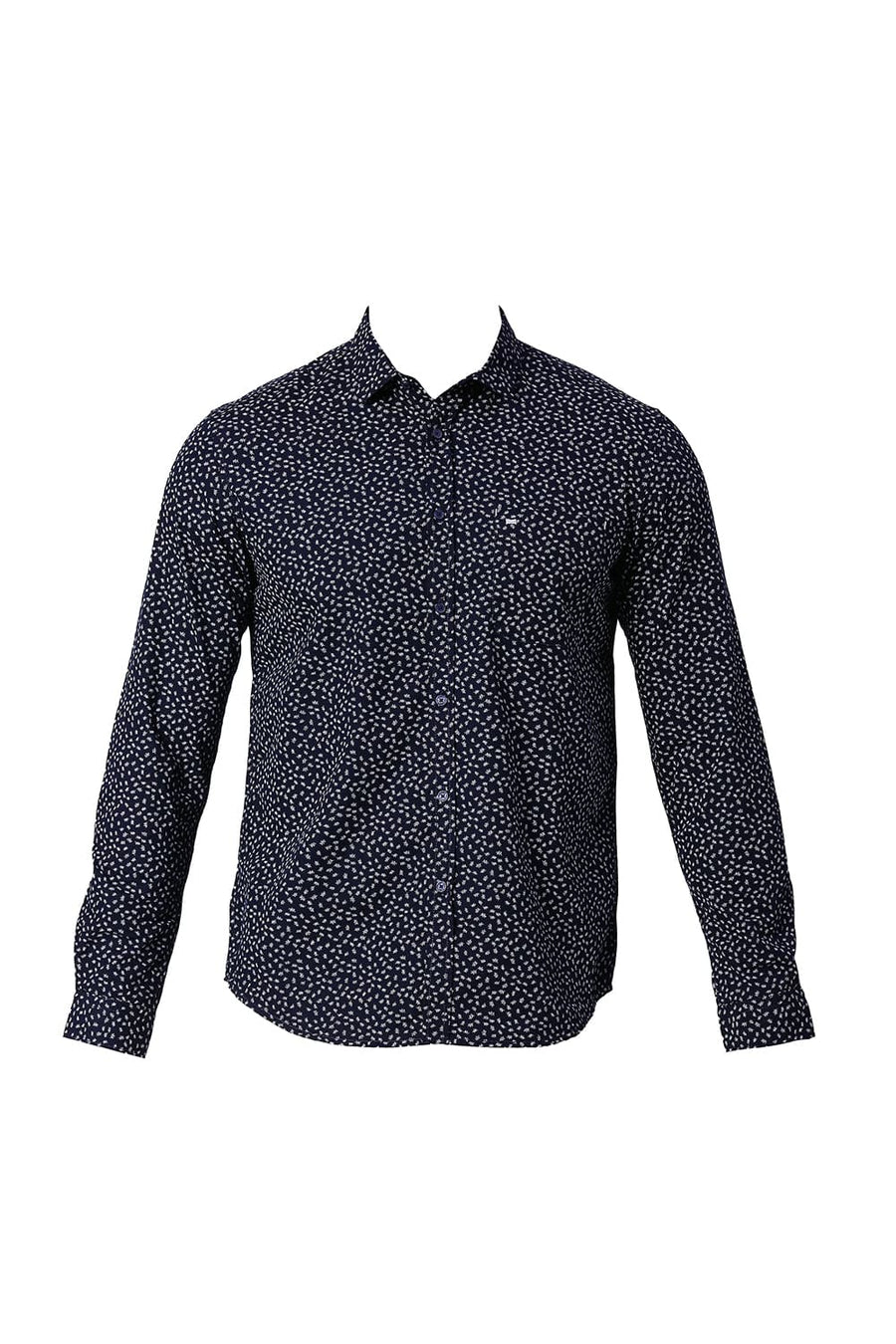 BASICS SLIM FIT DEEP NAVY COTTON POPLIN PRINTED SHIRT