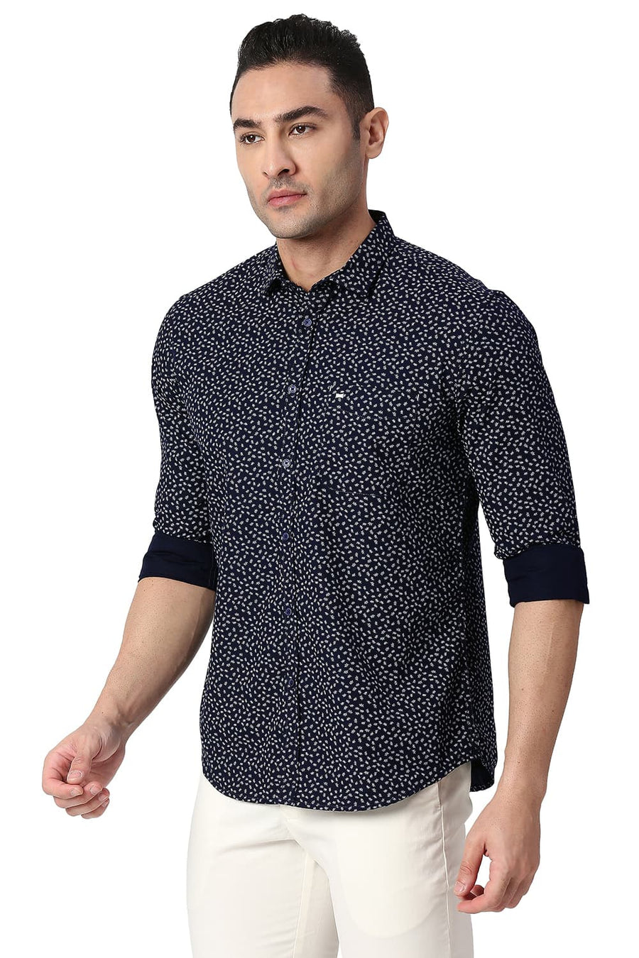 BASICS SLIM FIT DEEP NAVY COTTON POPLIN PRINTED SHIRT