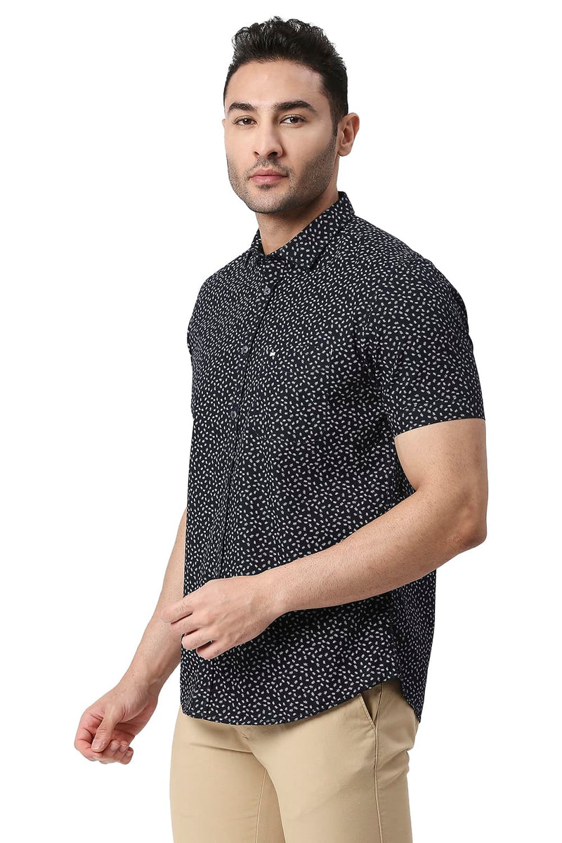 BASICS SLIM FIT COTTON POPLIN PRINTED HALFSLEEVES SHIRT