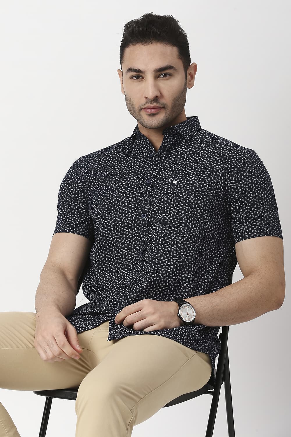 Slim Fit Cotton Poplin Printed Halfsleeves Shirt