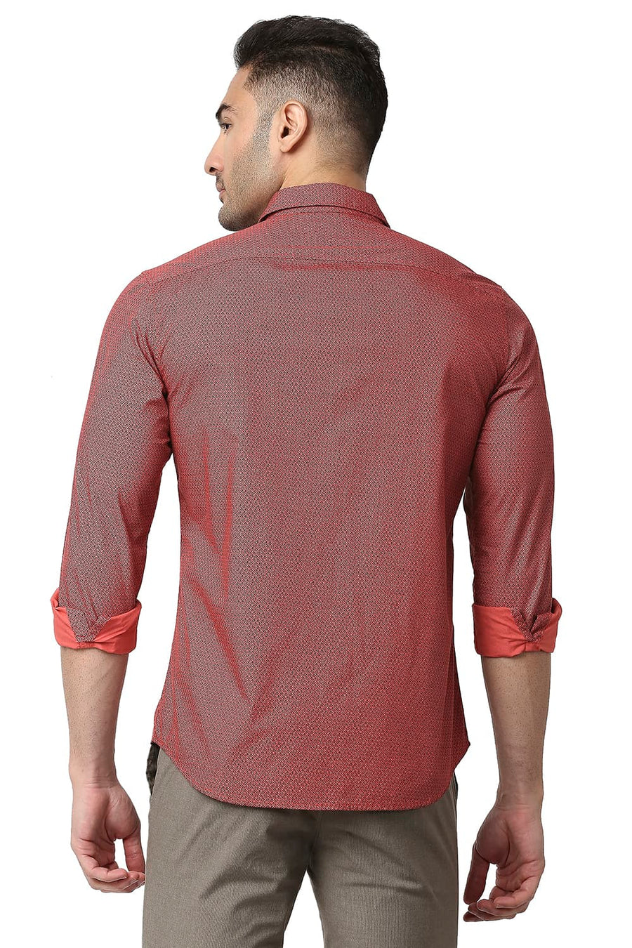 BASICS SLIM FIT BAKED RED COTTON POPLIN PRINTED SHIRT