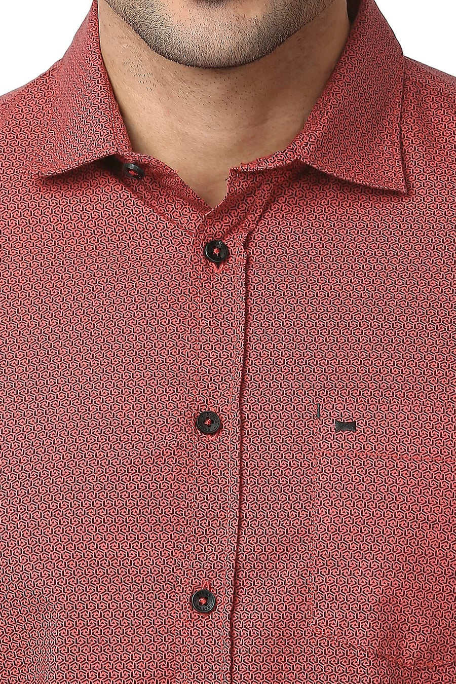BASICS SLIM FIT BAKED RED COTTON POPLIN PRINTED SHIRT