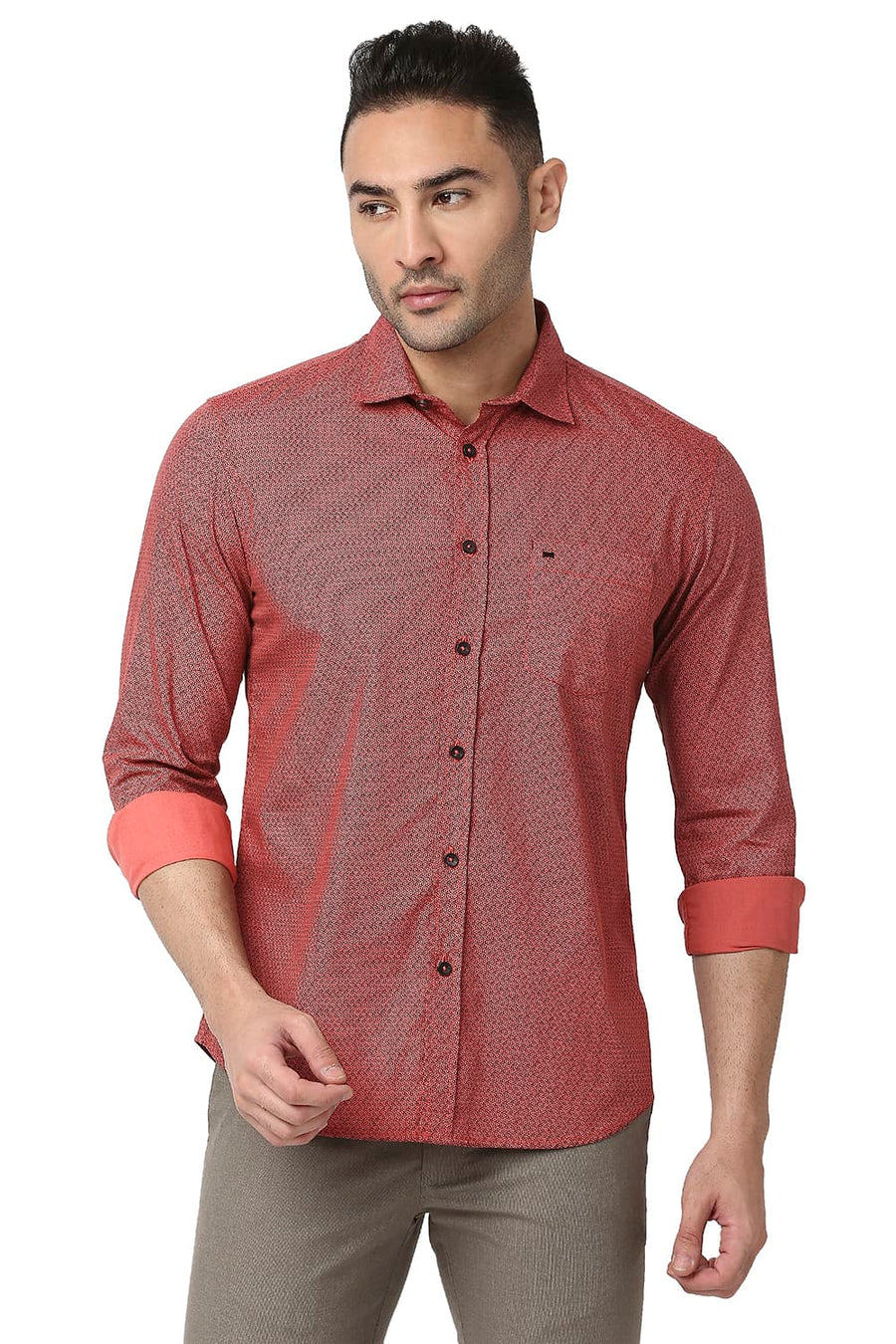BASICS SLIM FIT BAKED RED COTTON POPLIN PRINTED SHIRT