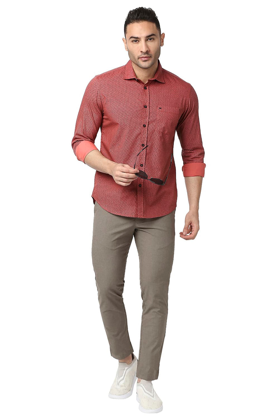 BASICS SLIM FIT BAKED RED COTTON POPLIN PRINTED SHIRT