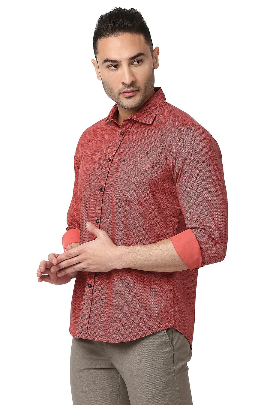 BASICS SLIM FIT BAKED RED COTTON POPLIN PRINTED SHIRT