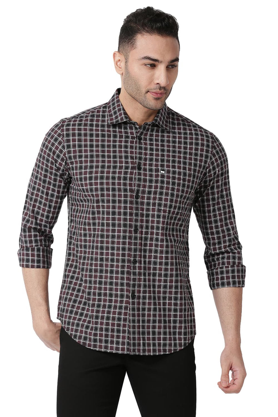 BASICS SLIM FIT VINEYARD WINE COTTON CHECKS SHIRT