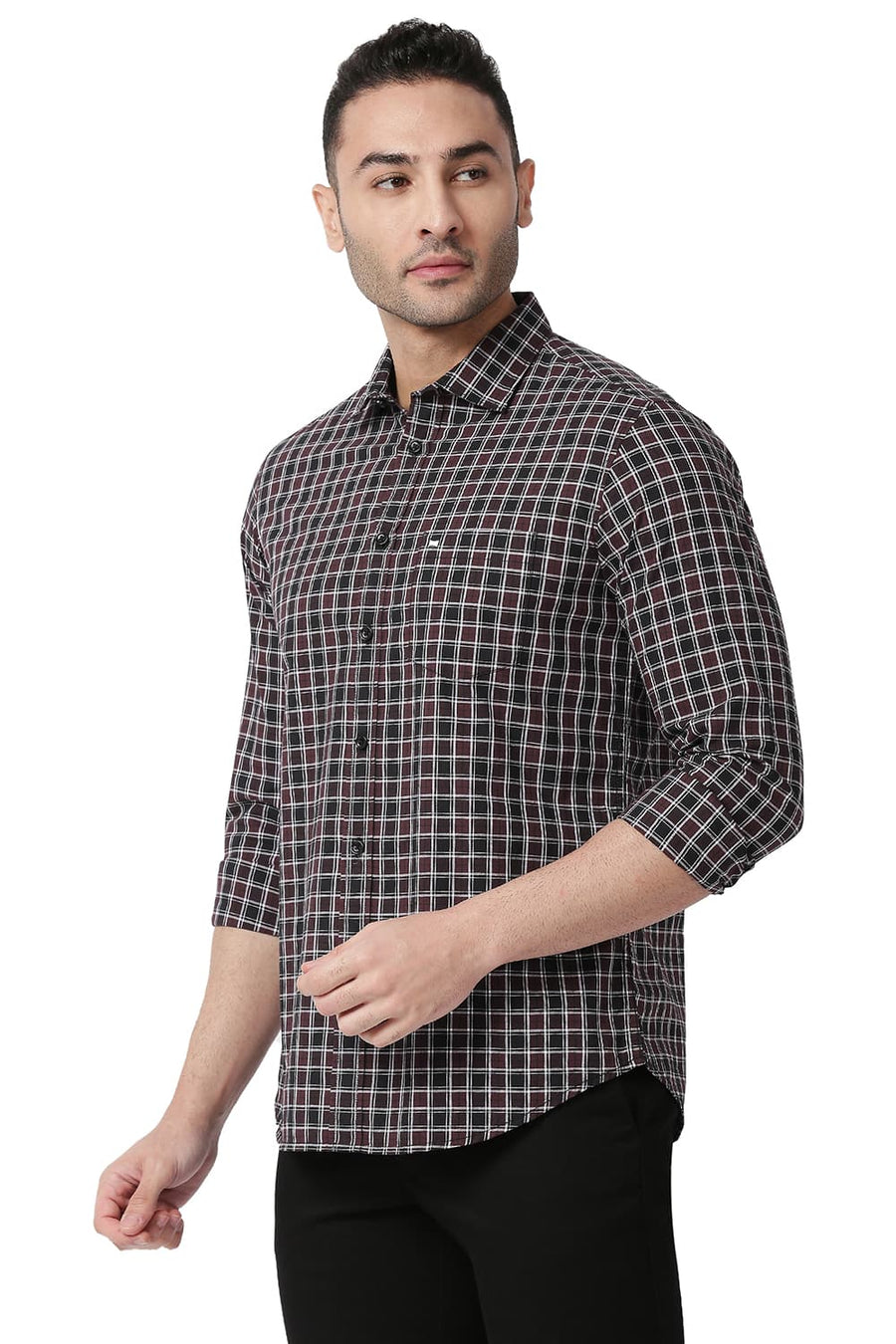 BASICS SLIM FIT VINEYARD WINE COTTON CHECKS SHIRT
