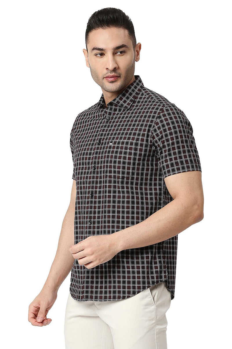 BASICS SLIM FIT COTTON CHECKS HALFSLEEVES SHIRT