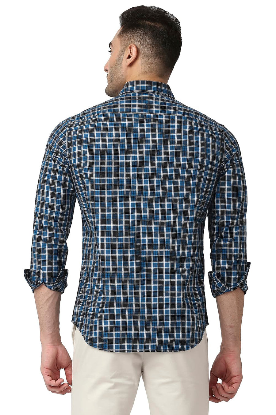 BASICS SLIM FIT DARK BLUE COTTON CHECKS SHIRT
