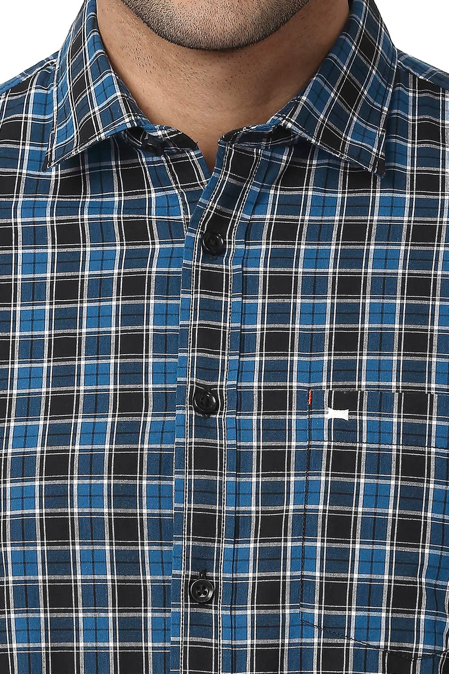 BASICS SLIM FIT DARK BLUE COTTON CHECKS SHIRT