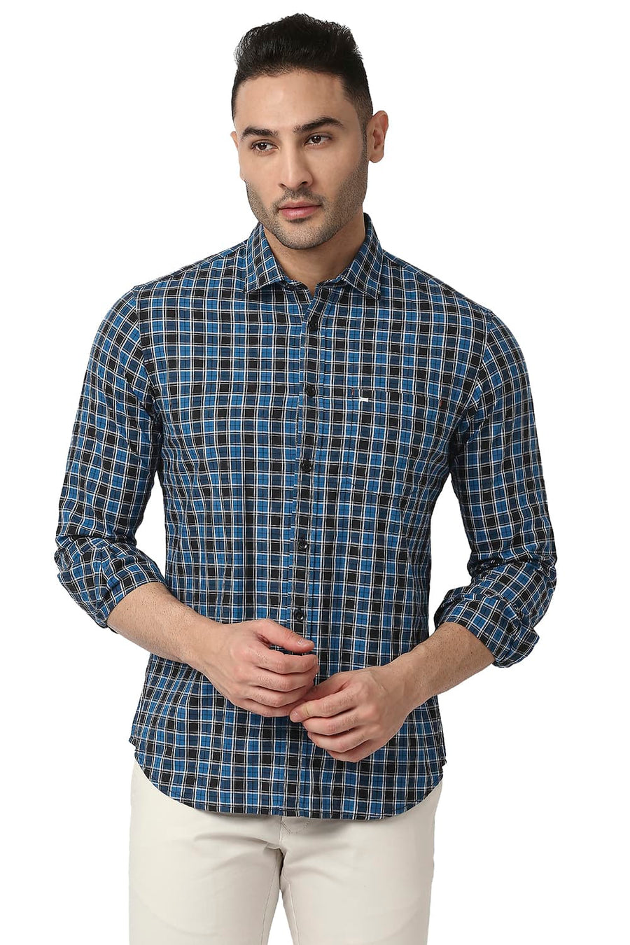 BASICS SLIM FIT DARK BLUE COTTON CHECKS SHIRT