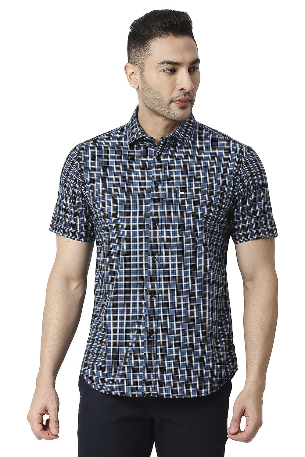 BASICS SLIM FIT COTTON CHECKS HALFSLEEVES SHIRT