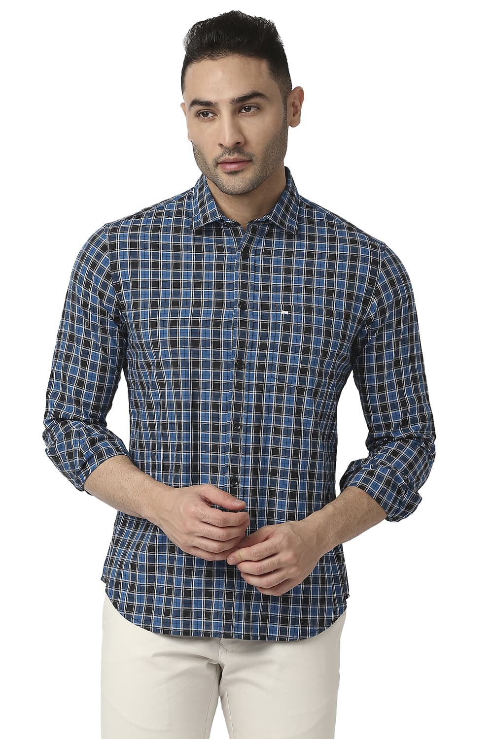 BASICS SLIM FIT COTTON CHECKS SHIRT