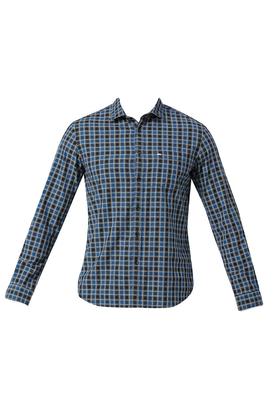 BASICS SLIM FIT DARK BLUE COTTON CHECKS SHIRT
