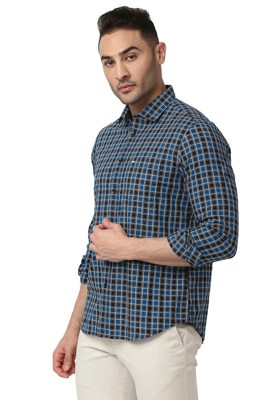 BASICS SLIM FIT DARK BLUE COTTON CHECKS SHIRT