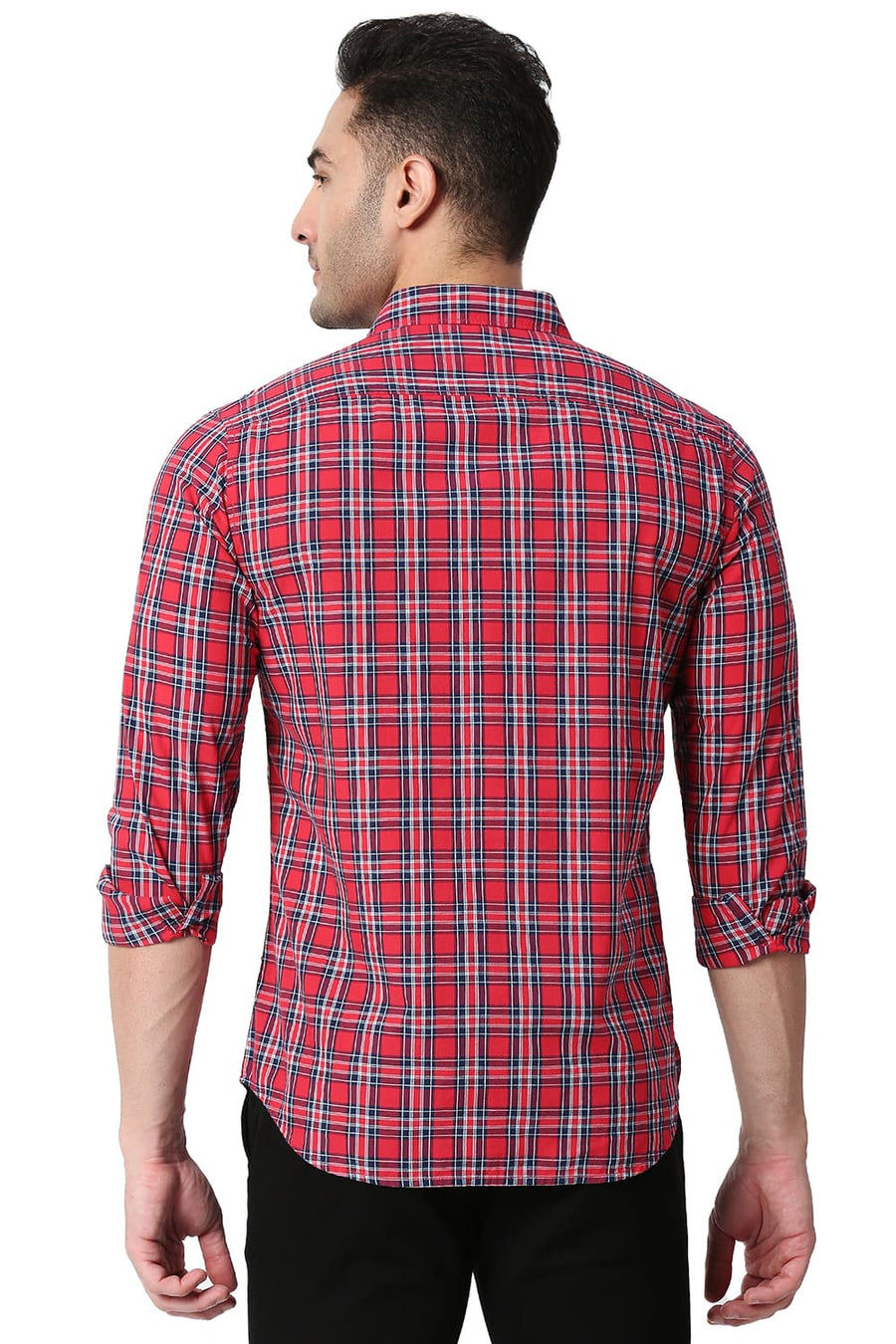 BASICS SLIM FIT CRANBERRY RED COTTON CHECKS SHIRT