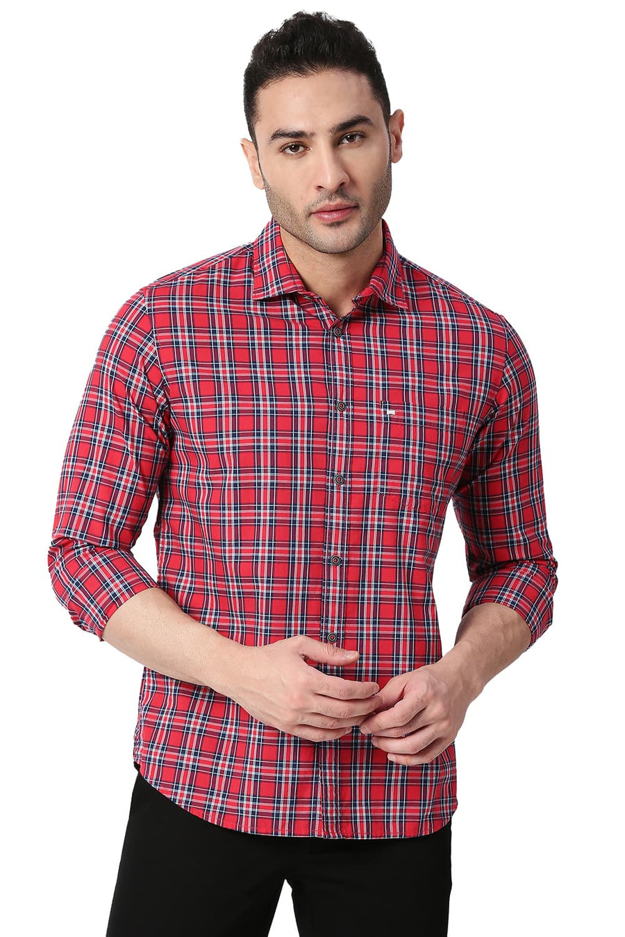 BASICS SLIM FIT CRANBERRY RED COTTON CHECKS SHIRT