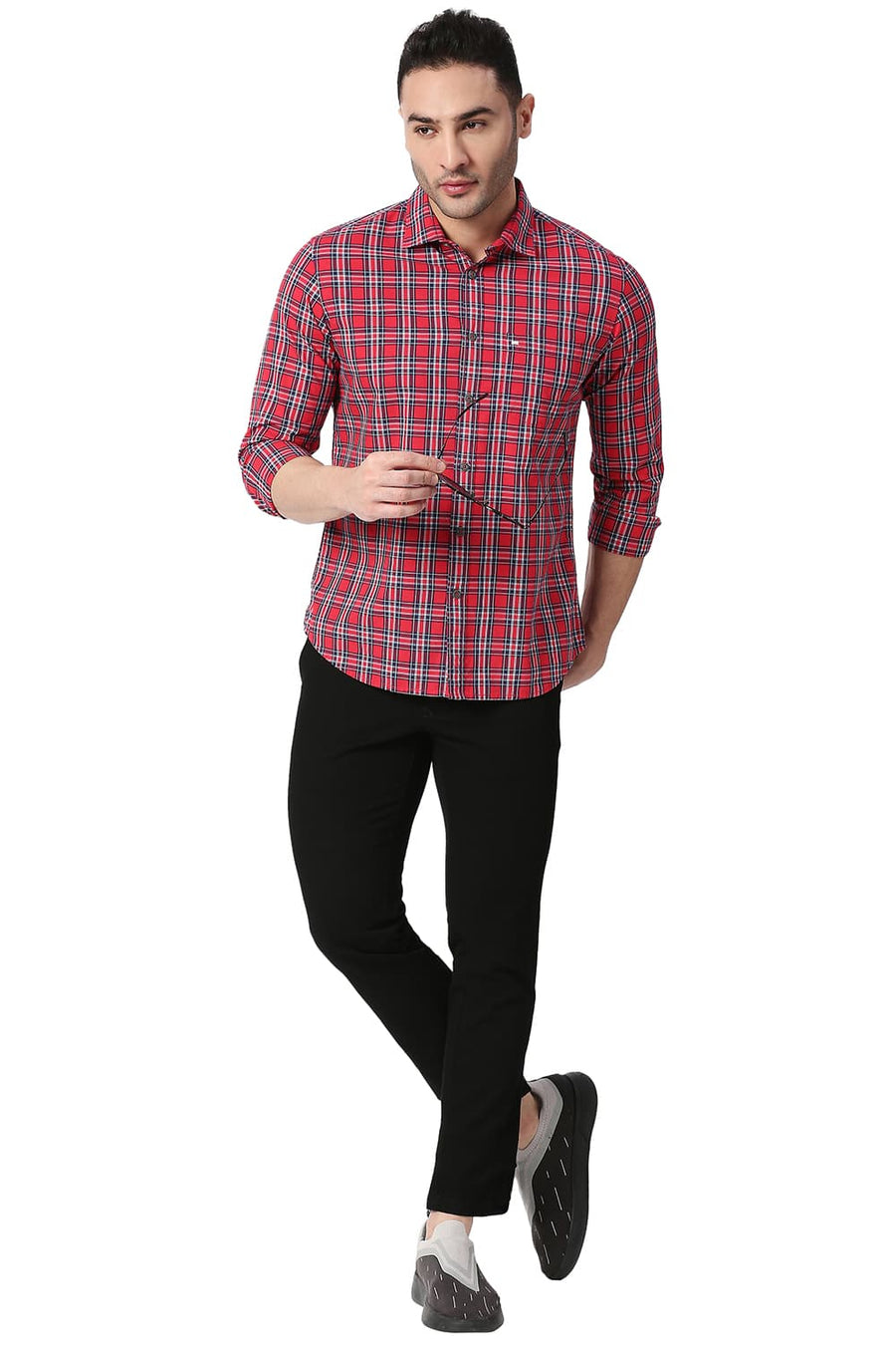 BASICS SLIM FIT CRANBERRY RED COTTON CHECKS SHIRT