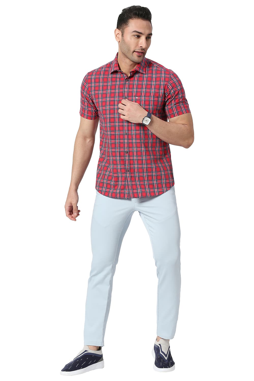 BASICS SLIM FIT COTTON CHECKS HALFSLEEVES SHIRT