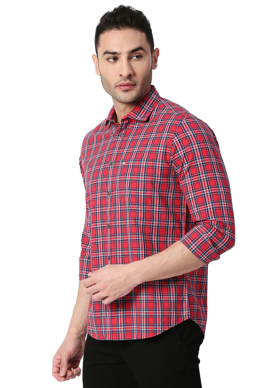 BASICS SLIM FIT CRANBERRY RED COTTON CHECKS SHIRT
