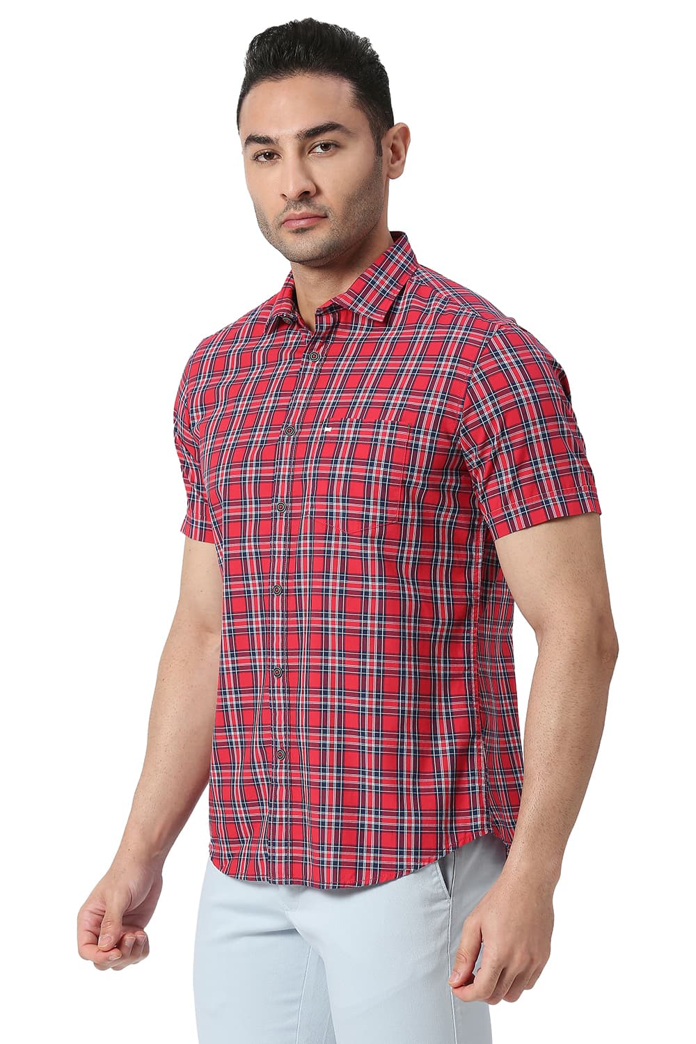 BASICS SLIM FIT COTTON CHECKS HALFSLEEVES SHIRT