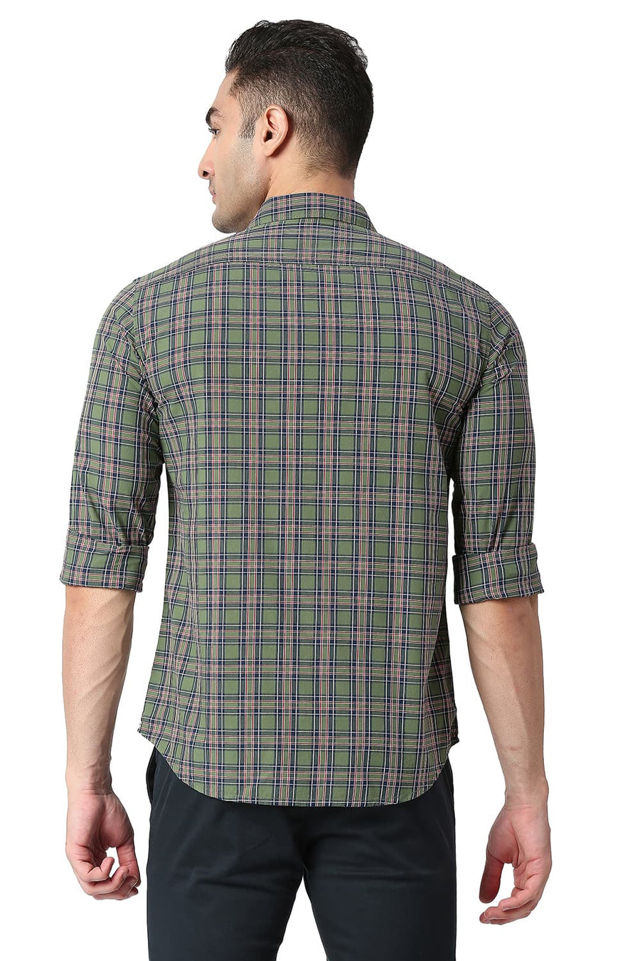 BASICS SLIM FIT VINEYARD GREEN COTTON CHECKS SHIRT