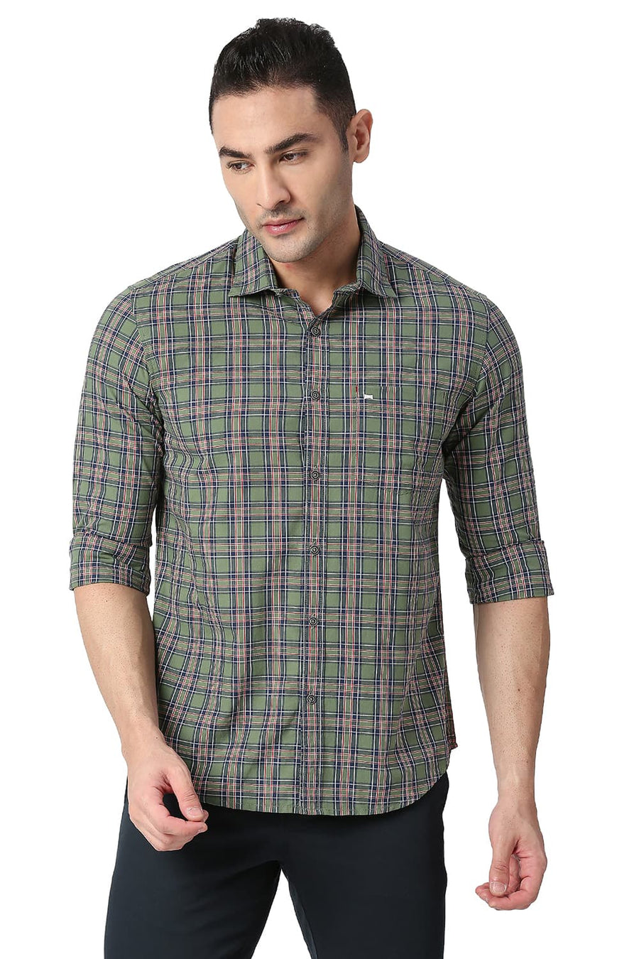 BASICS SLIM FIT VINEYARD GREEN COTTON CHECKS SHIRT