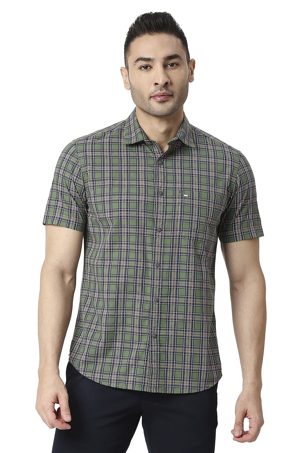 BASICS SLIM FIT COTTON CHECKS HALFSLEEVES SHIRT