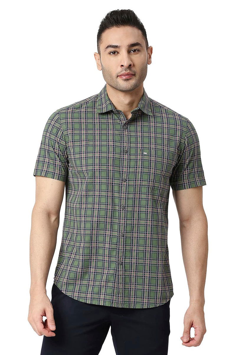 BASICS SLIM FIT COTTON CHECKS HALFSLEEVES SHIRT