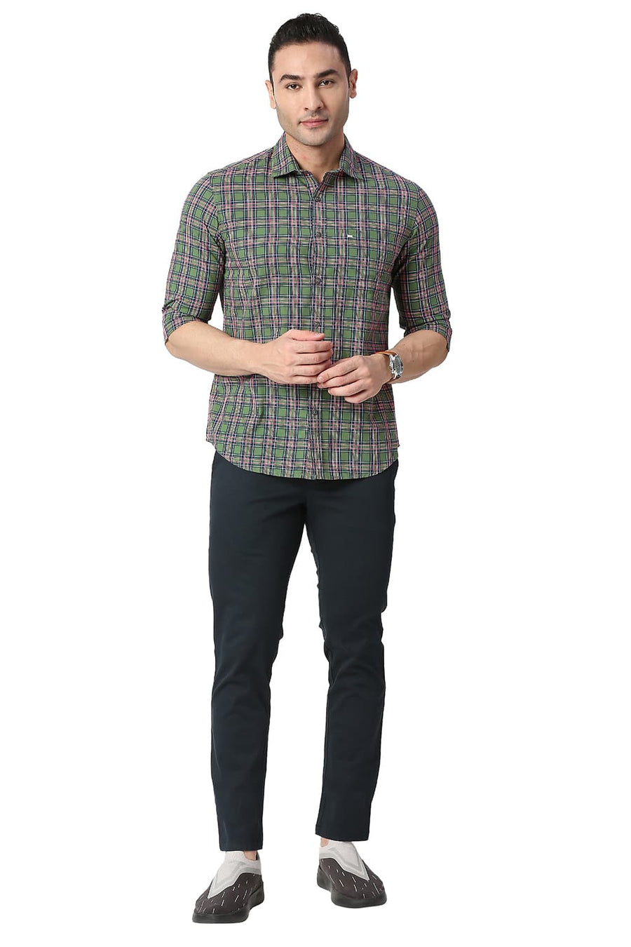 BASICS SLIM FIT VINEYARD GREEN COTTON CHECKS SHIRT