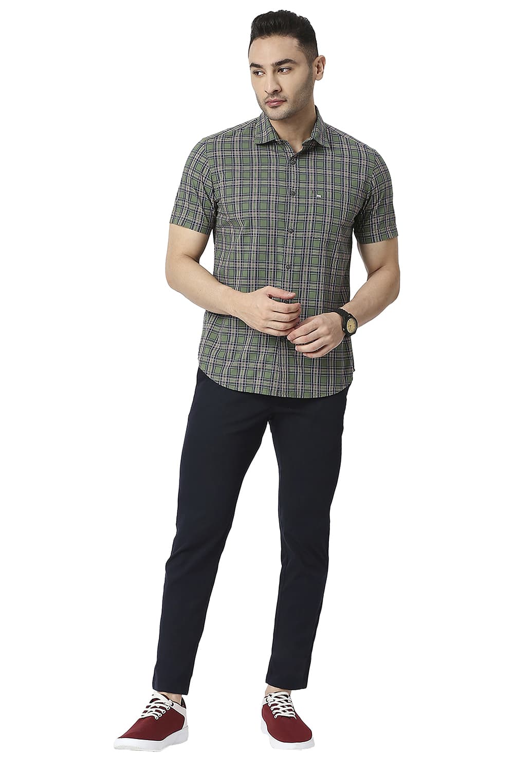 BASICS SLIM FIT COTTON CHECKS HALFSLEEVES SHIRT