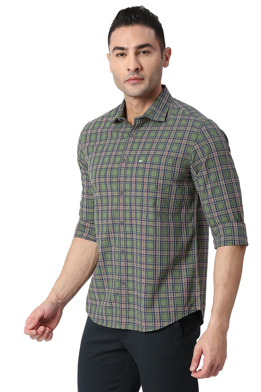 BASICS SLIM FIT VINEYARD GREEN COTTON CHECKS SHIRT
