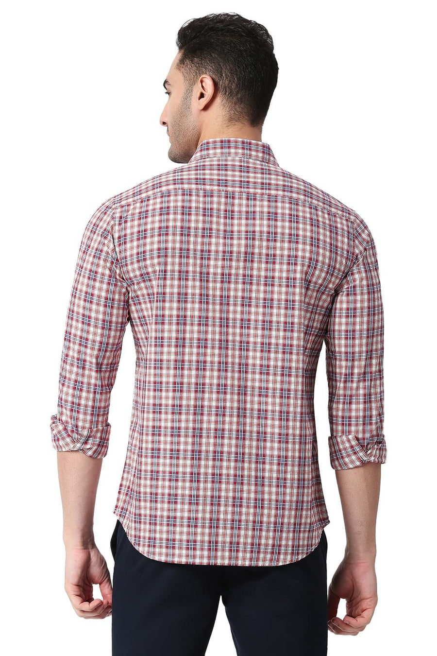BASICS SLIM FIT TANGO RED COTTON CHECKS SHIRT