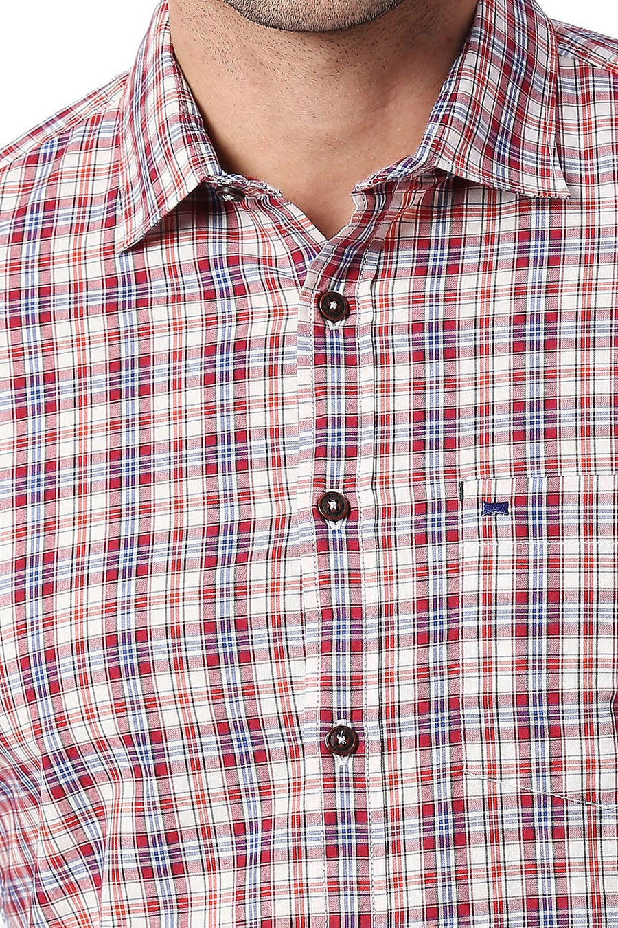 BASICS SLIM FIT TANGO RED COTTON CHECKS SHIRT