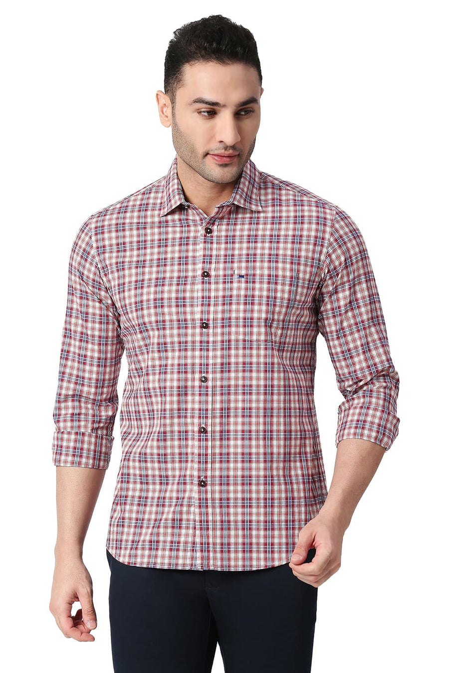 BASICS SLIM FIT TANGO RED COTTON CHECKS SHIRT
